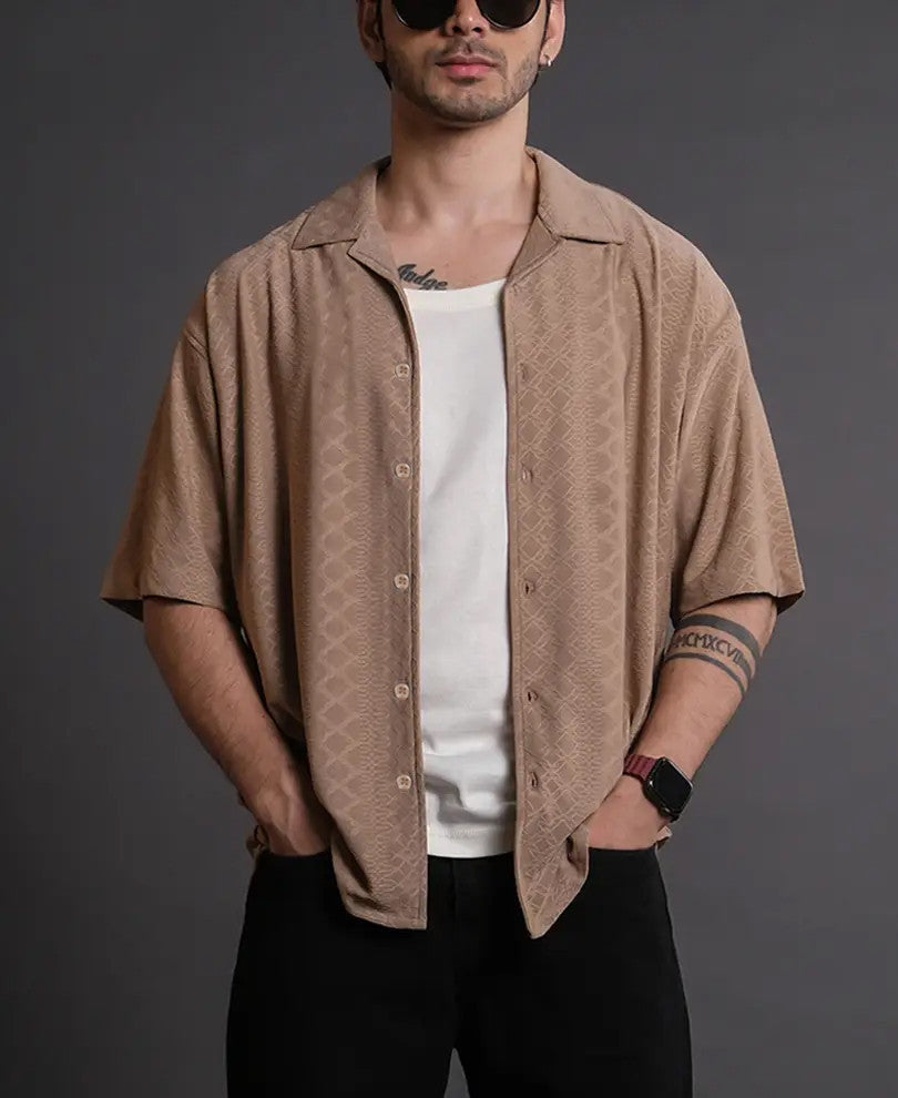 Camel Structured Oversized Half Sleeves Shirt