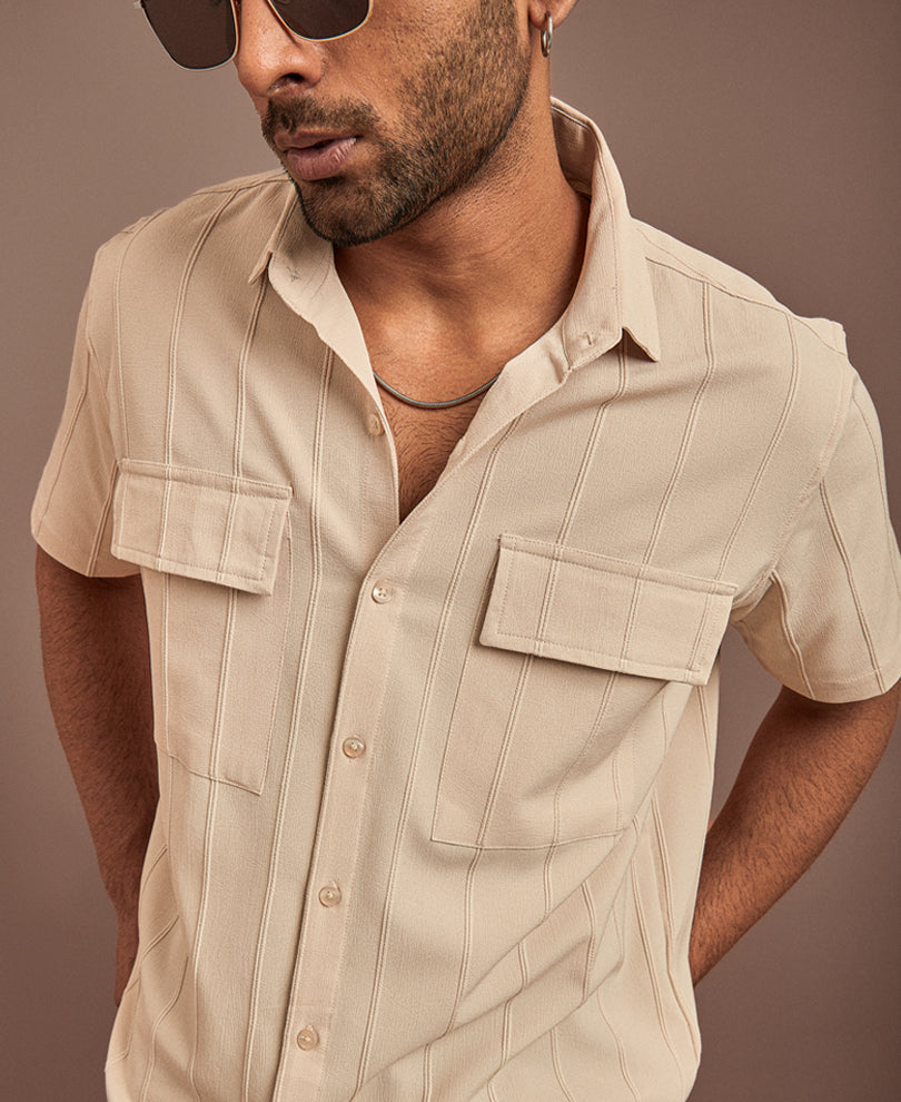 Cream Structured Striped Half Sleeves Shirt