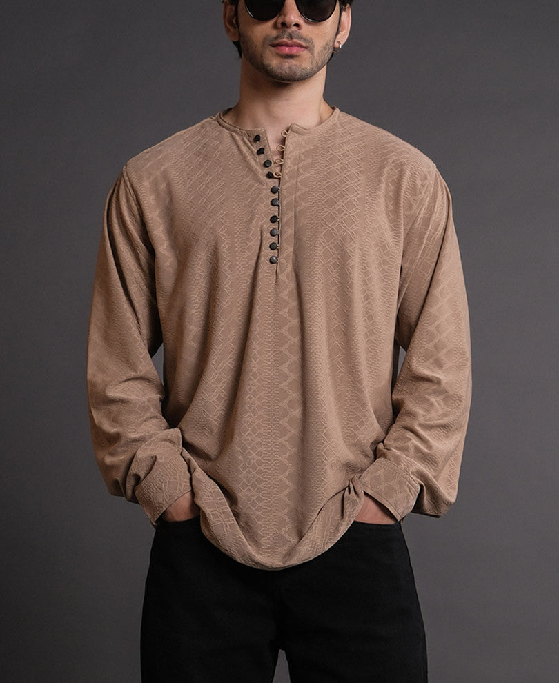 Camel Structured Kurta Style Full Sleeves Shirt