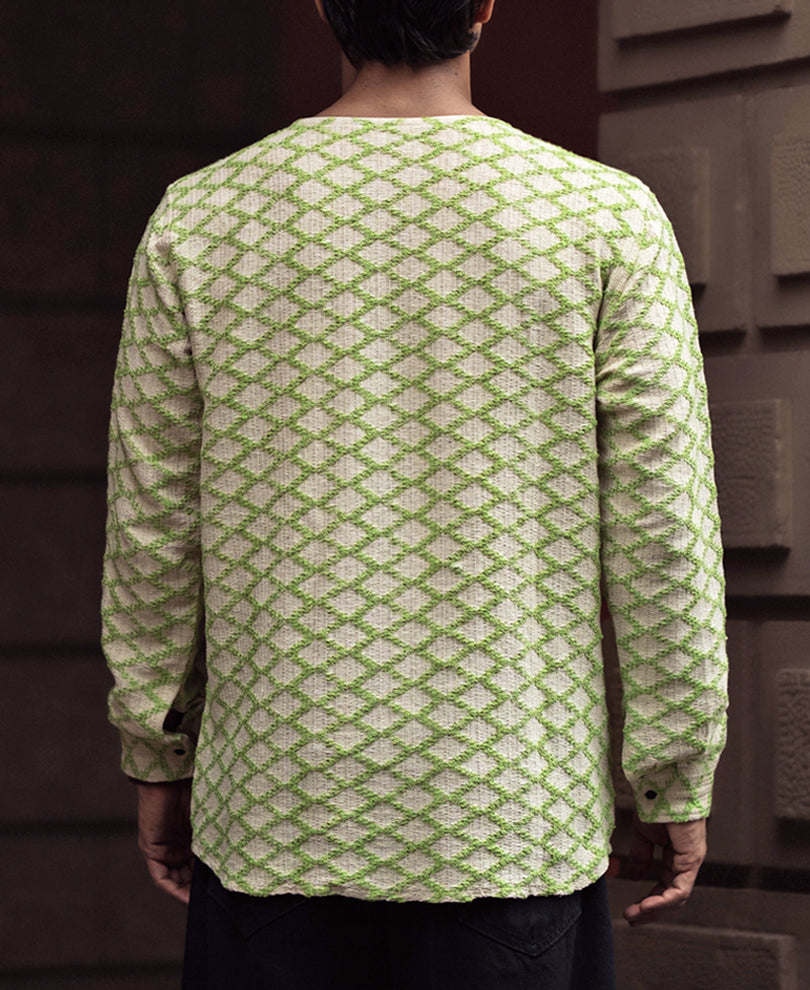 Green and Off White Crochet Kurta Style Shirt