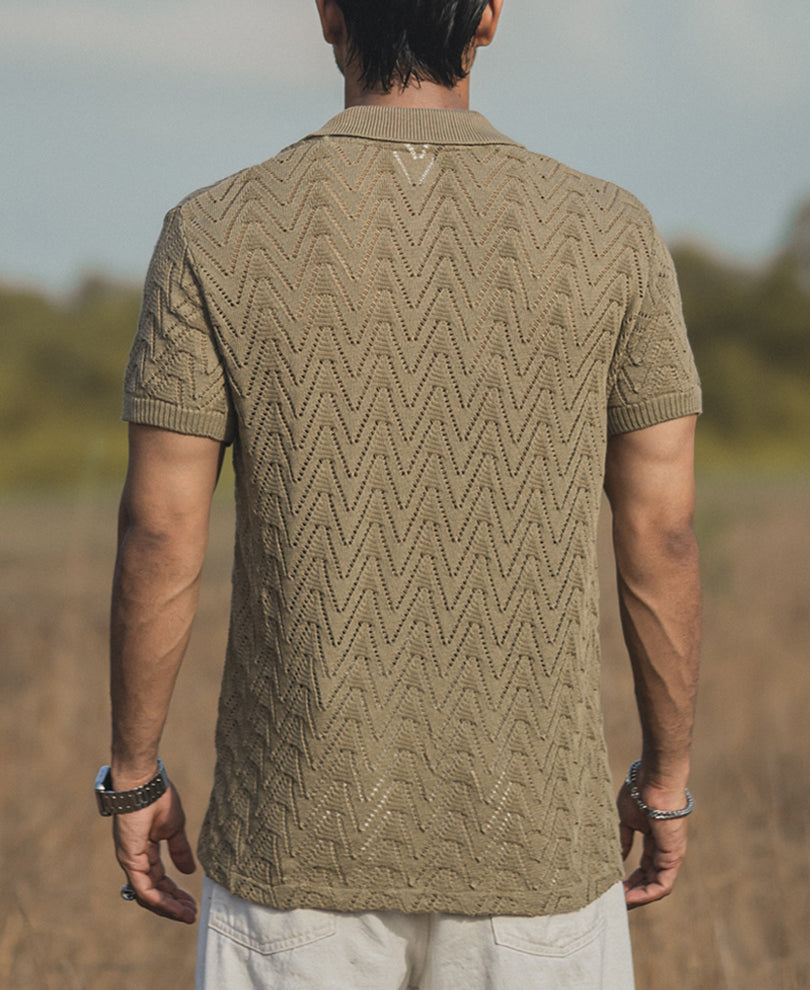 Beige Structured Knitted Half Sleeves Shirt