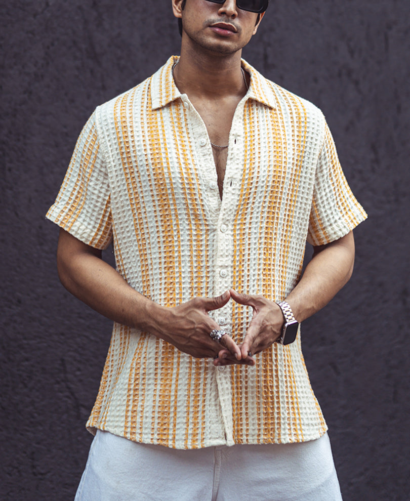 Yellow and Off White Structured Striped Half Sleeves Shirt