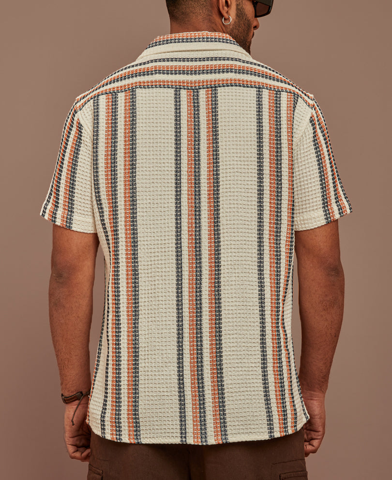 Multicolor Structured Puff Waffle Striped Half Sleeves Shirt