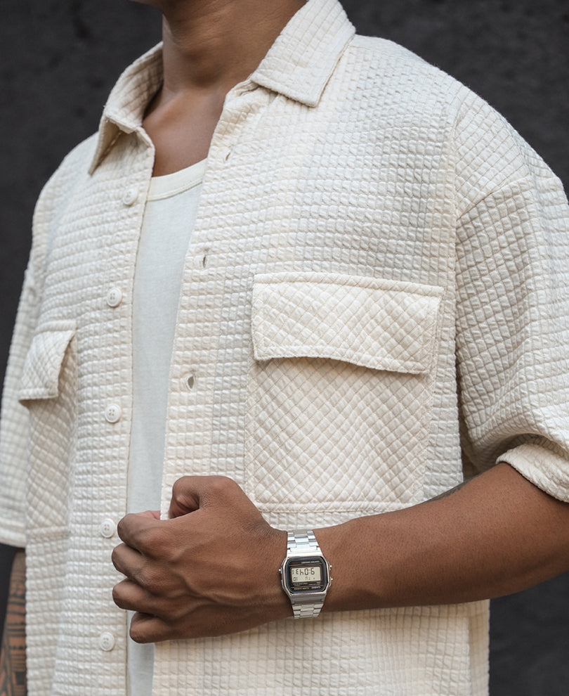 Off White Structured Double Pocket Half Sleeves Shirt