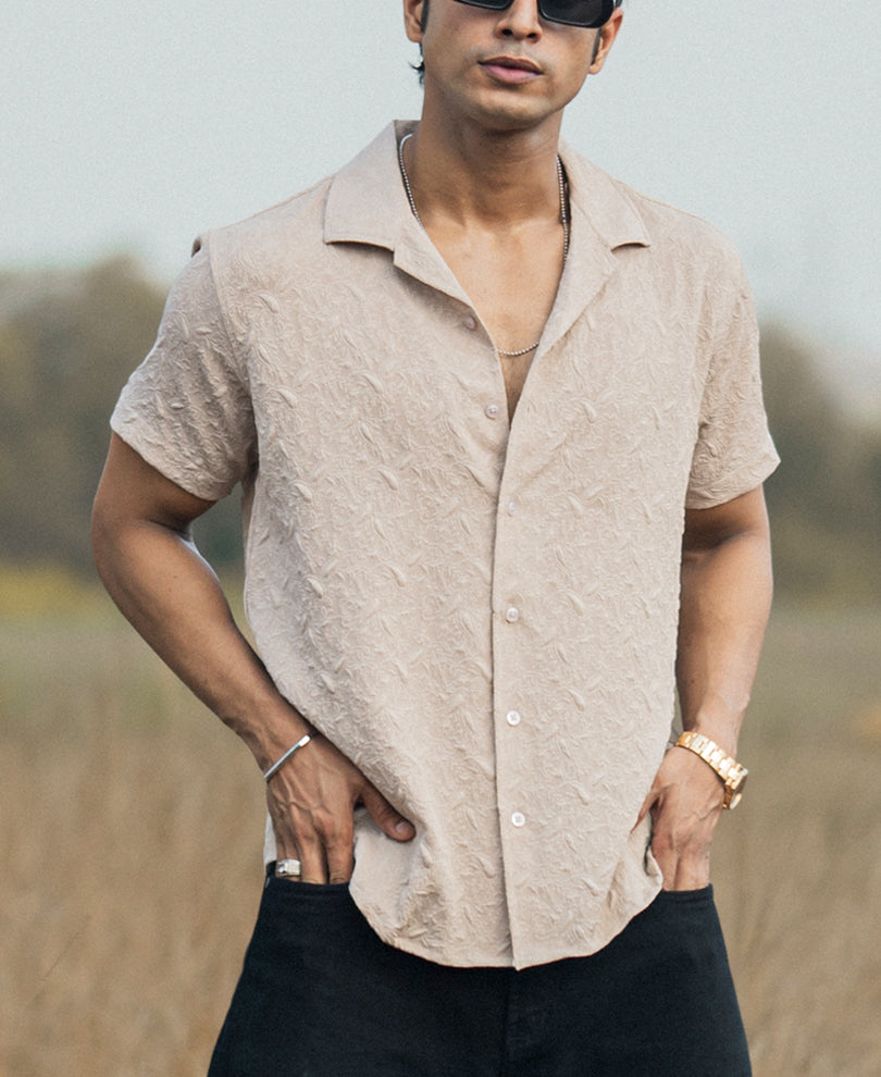 Light Beige Structured Cuban Collar Half Sleeves Shirt