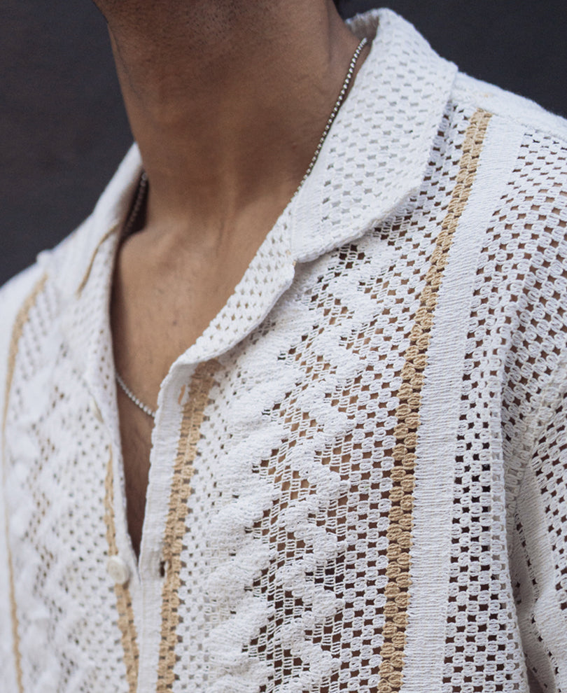 Off White and Beige Crochet Oversized Striped Half Sleeves Shirt
