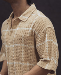Beige Waffle Structured Checks Half Sleeves Shirt