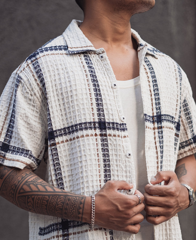 Off White and Navy Blue Structured Checks Half Sleeves Shirt