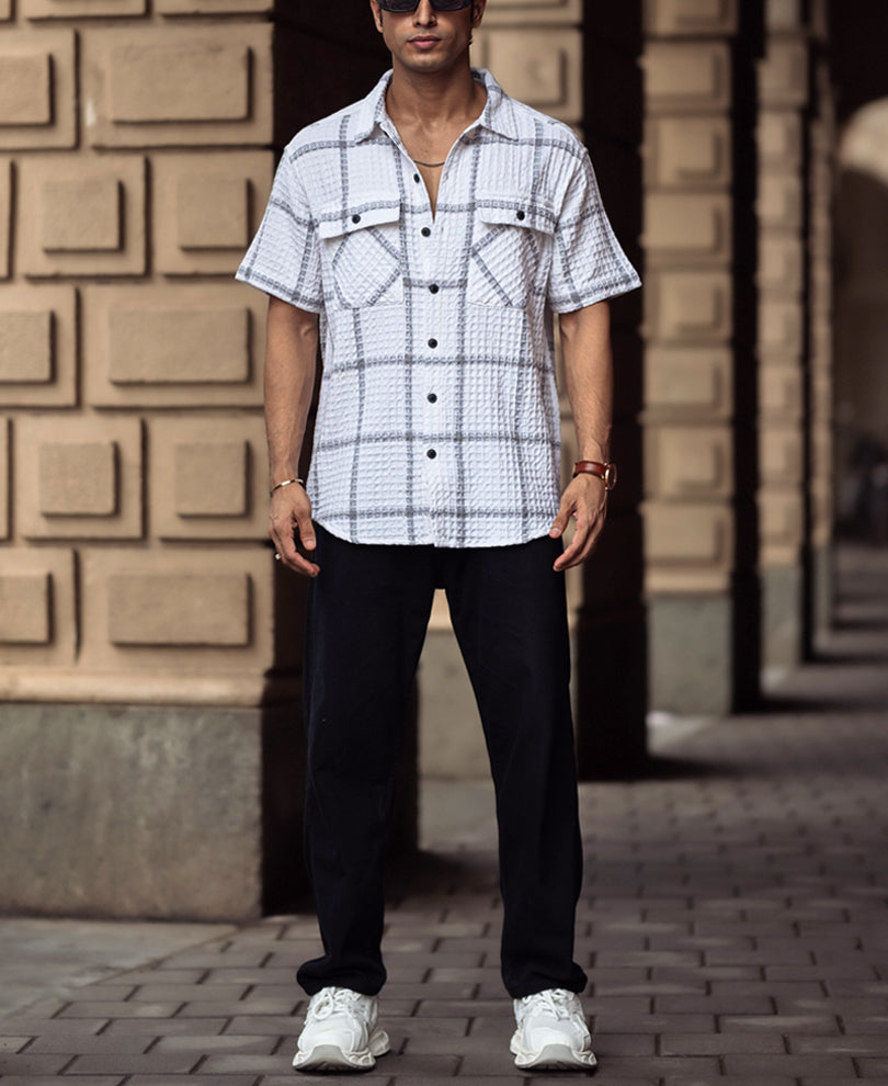 White and Grey Structured Checks Half Sleeves Shirt