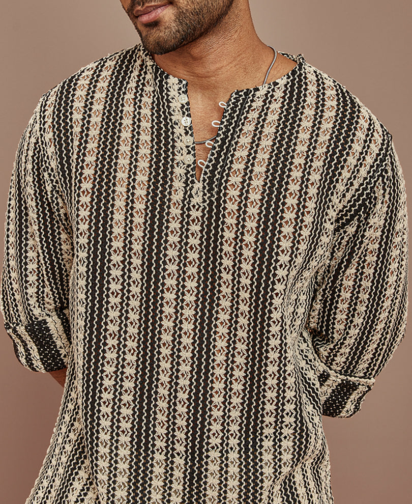 Black and White Crochet Striped Kurta Style Full Sleeves Shirt