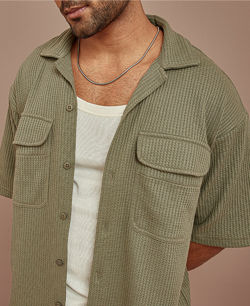 Olive Green Structured Knit Oversized Half Sleeves Shirt