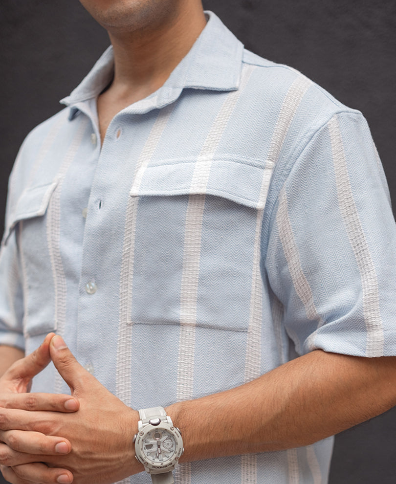 Sky Blue and White Structured Striped Oversized Shirt