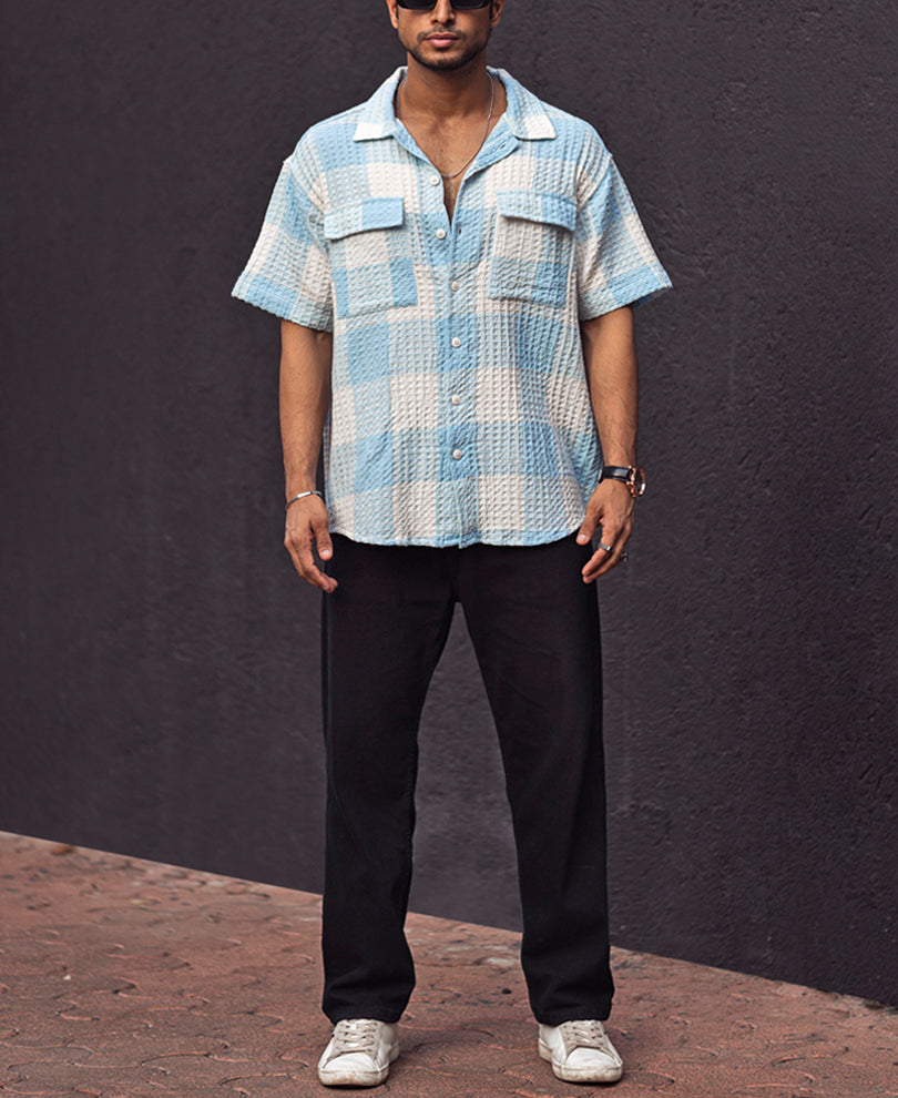White and Sky Blue Waffle Checks Regular fit Half Sleeves Shirt