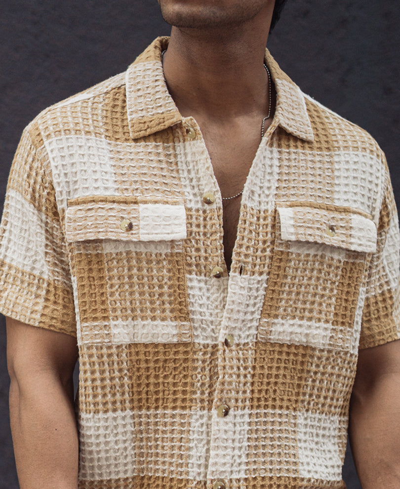 Beige and Off White Structured Checked Oversized Half Sleeves Shirt