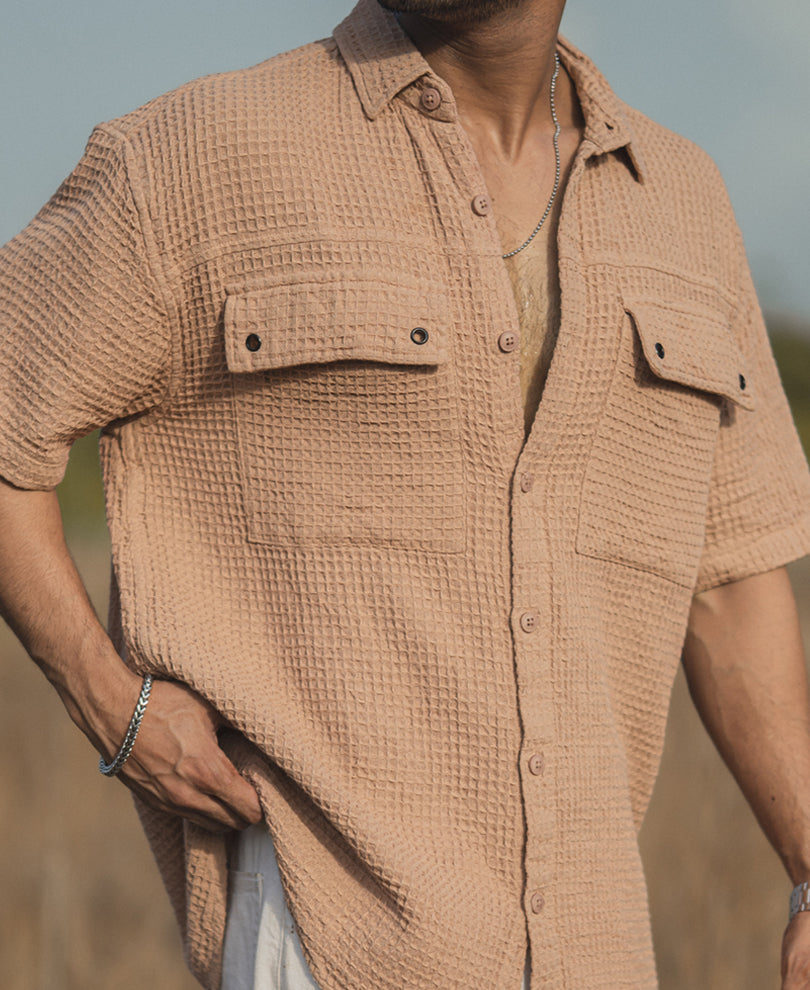Camel Waffle Structured Oversized Double Pocket Half Sleeves Shirt