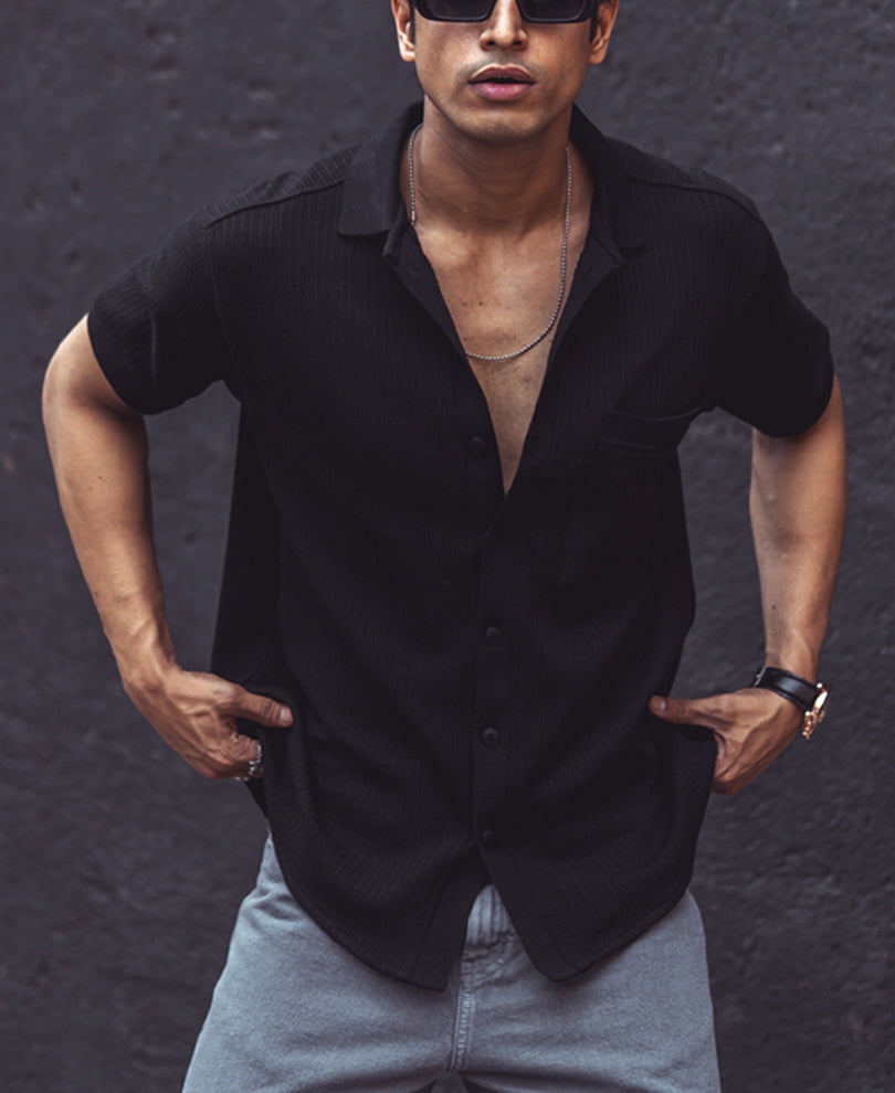 Black Structured Regular Fit Half Sleeves Shirt