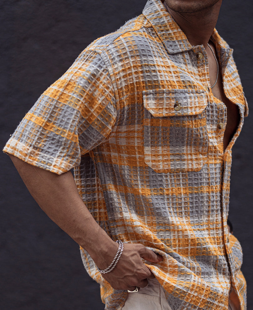 Yellow and Grey Structured Checks Oversized Half Sleeves Shirt