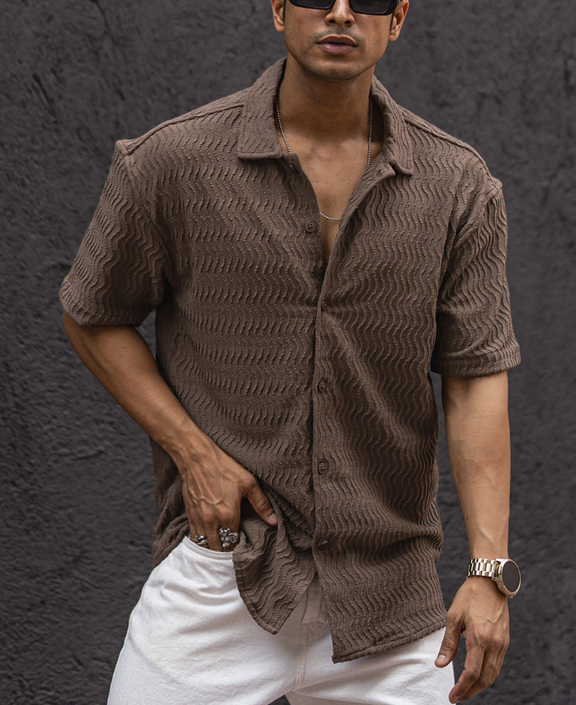 Brown Structured Oversized Fit Half Sleeves Shirt