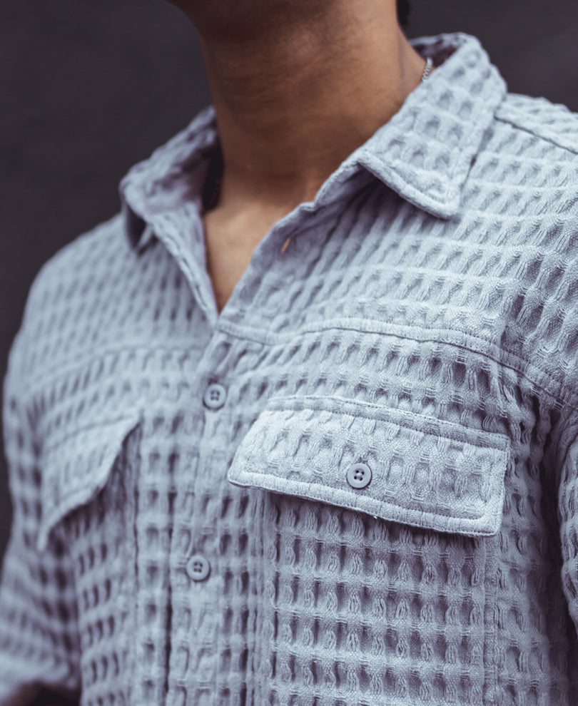 Sky Grey Structured Oversized Double Pocket Half Sleeves Shirt