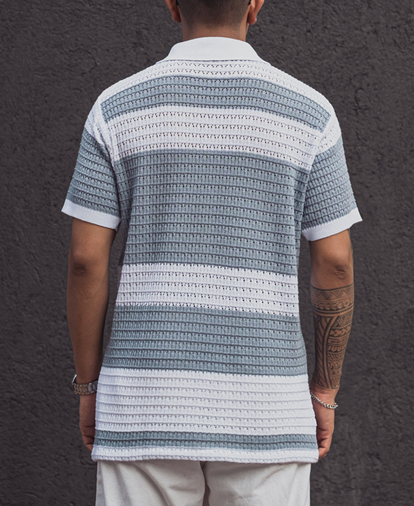 Sky Grey Structured Striped Regular Fit Half Sleeves Shirt