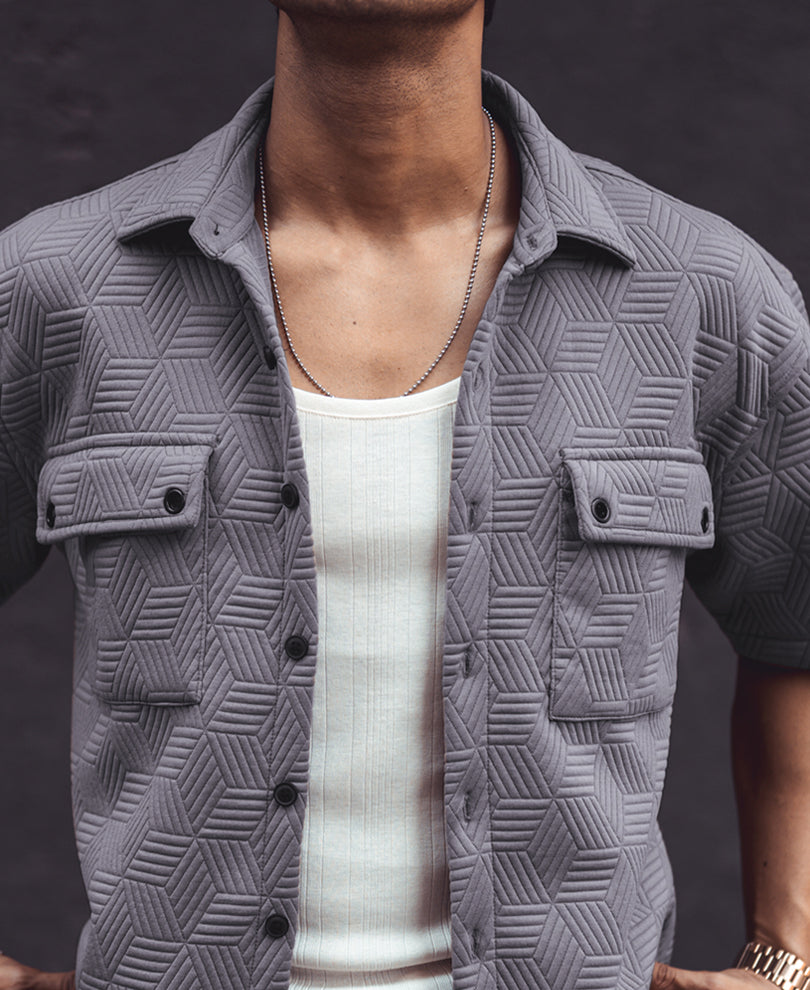 Grey Structured Double Pocket Oversized Half Sleeves Shirt