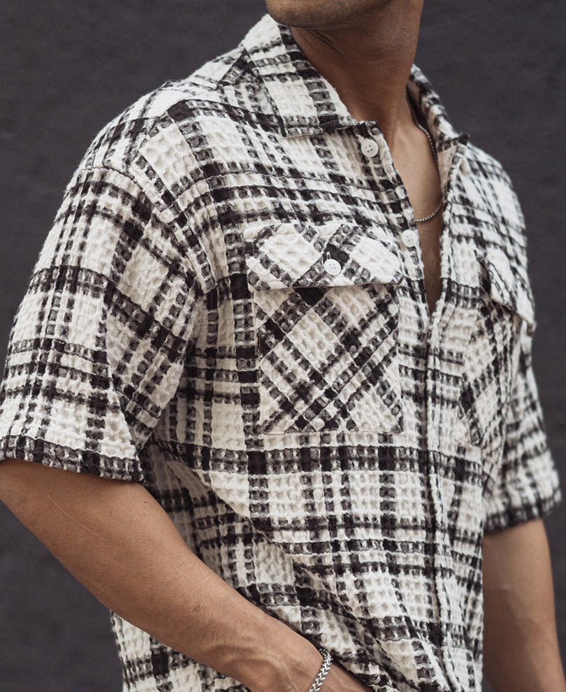 Brown and Off White Structured Oversized Checked Shirt