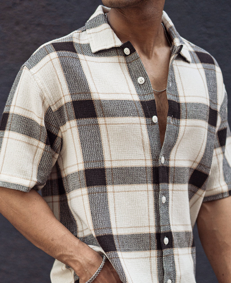 Off White and Brown Structured Oversized Checked Shirt