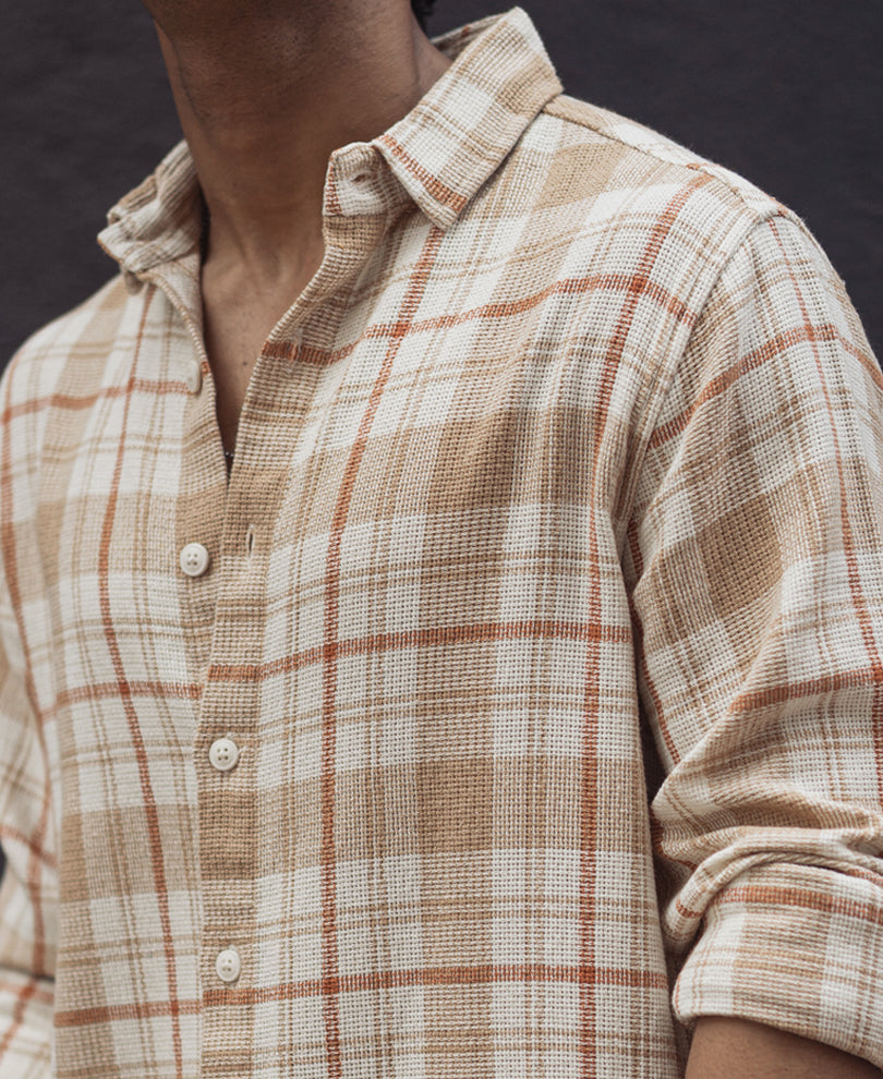 Beige and White Checks Regular Full Sleeves Shirt