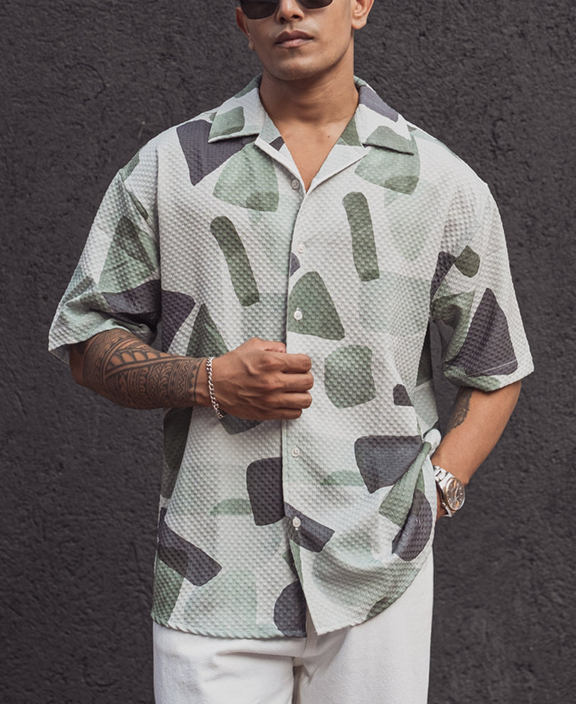 White and Green Structured Printed Oversized Half Sleeves Shirt