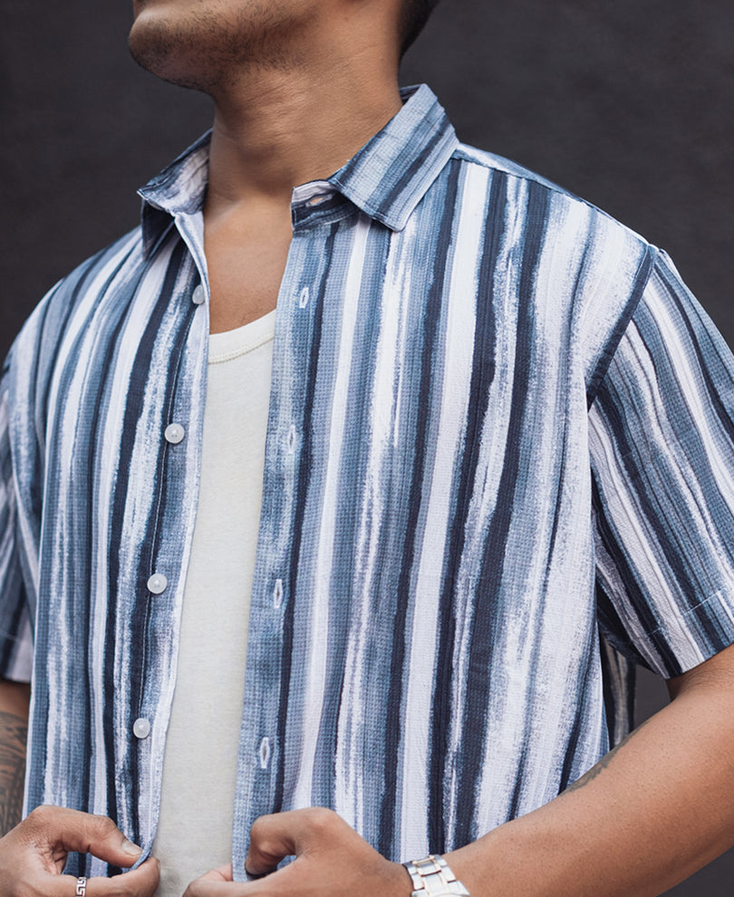 White and Navy Blue Structured Striped Regular Shirt