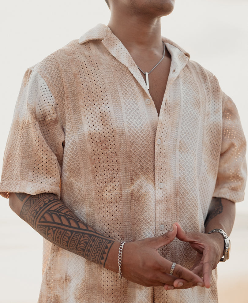 Beige Oversized Tie-dye Structured Half Sleeves Shirt