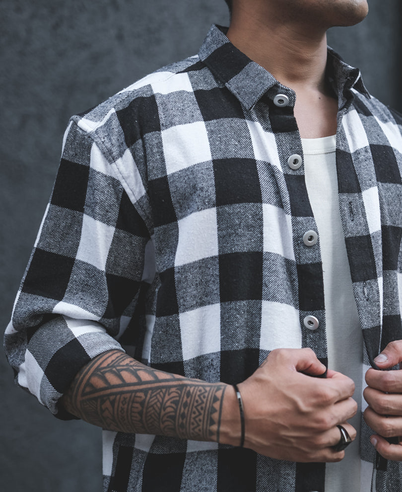 Black And White Flannel Checks Oversize Drop Shoulder Shirt