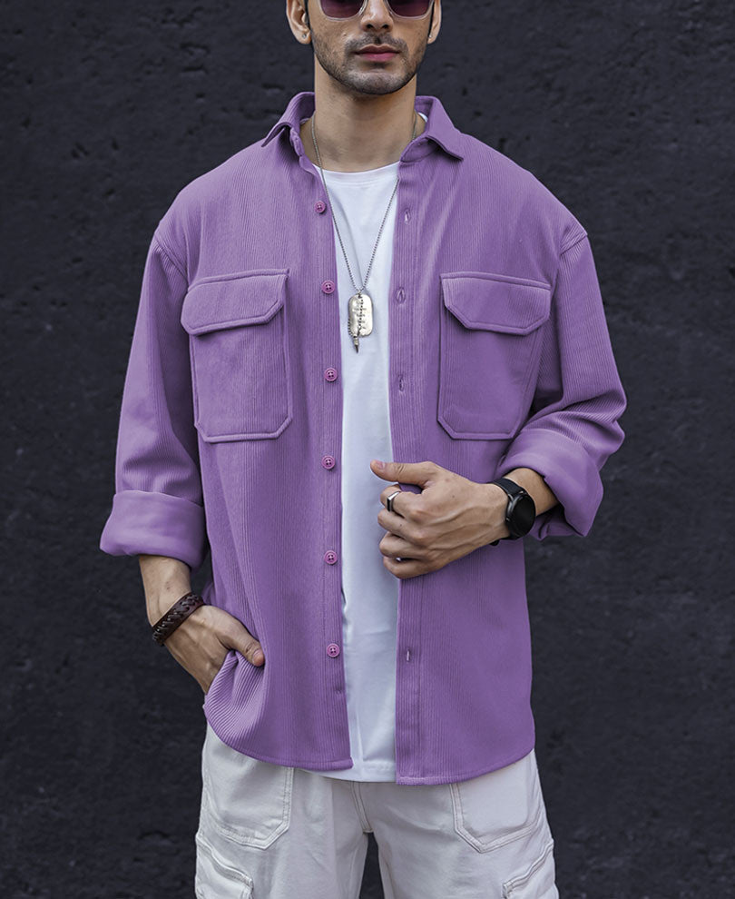 Purple Chest Pocket Shacket Oversize Drop Shoulder Shirt
