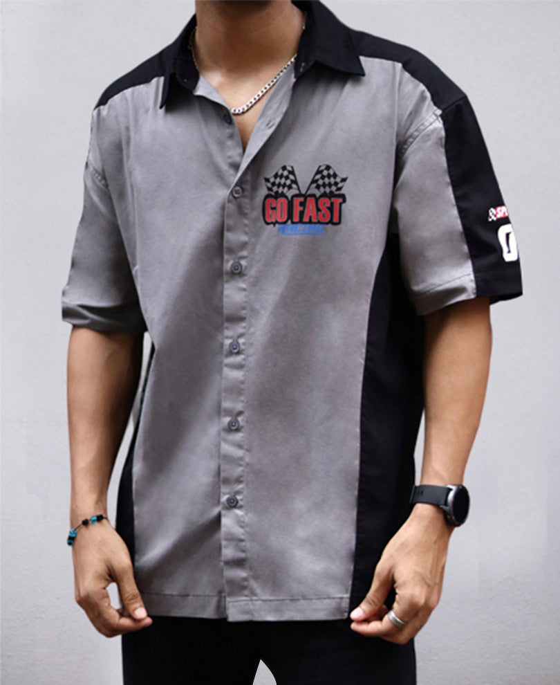 Grey and Black Go Fast Print Oversize Drop Shoulder Shirt