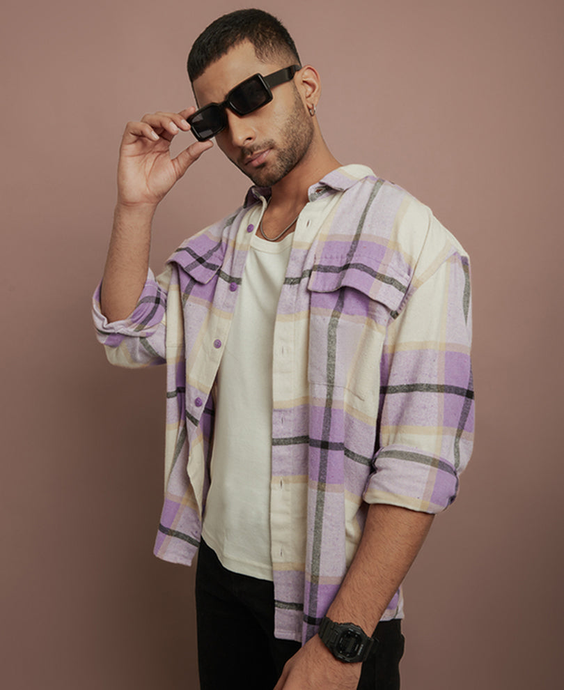 Purple and White Checks Oversize Drop Shoulder Shirt