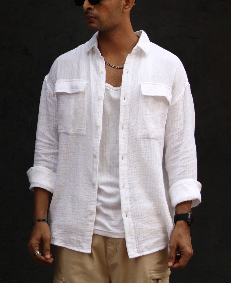 White Textured Oversize Drop Shoulder Shirt