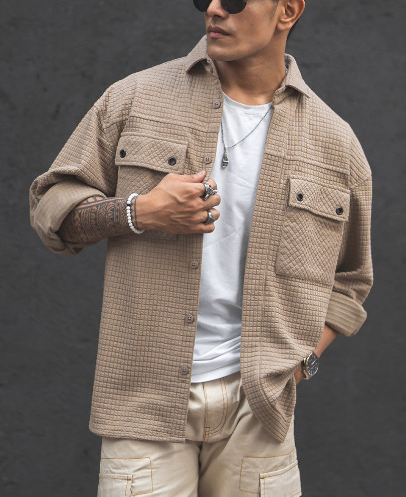 Camel Structured Double Pockets Shacket Oversized Shirt