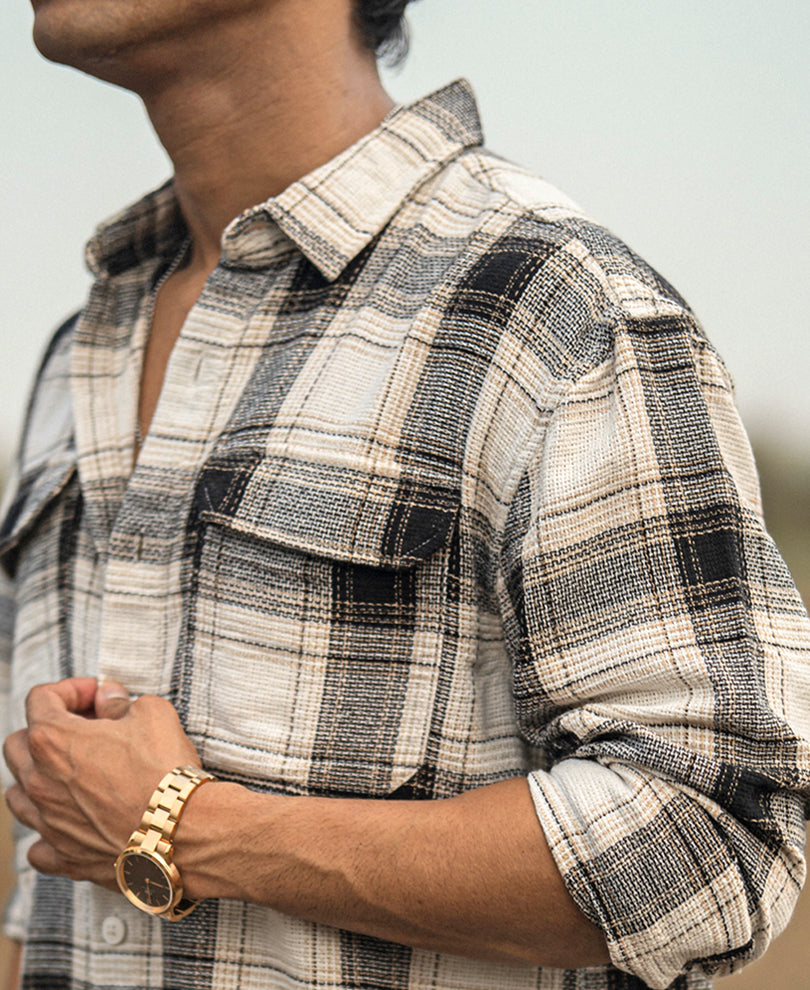 Cream Checked Structured Oversize Drop Shoulder Shirt