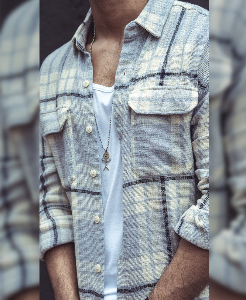 Light Grey Structured Checks Shacket Oversize Drop Shoulder Shirt