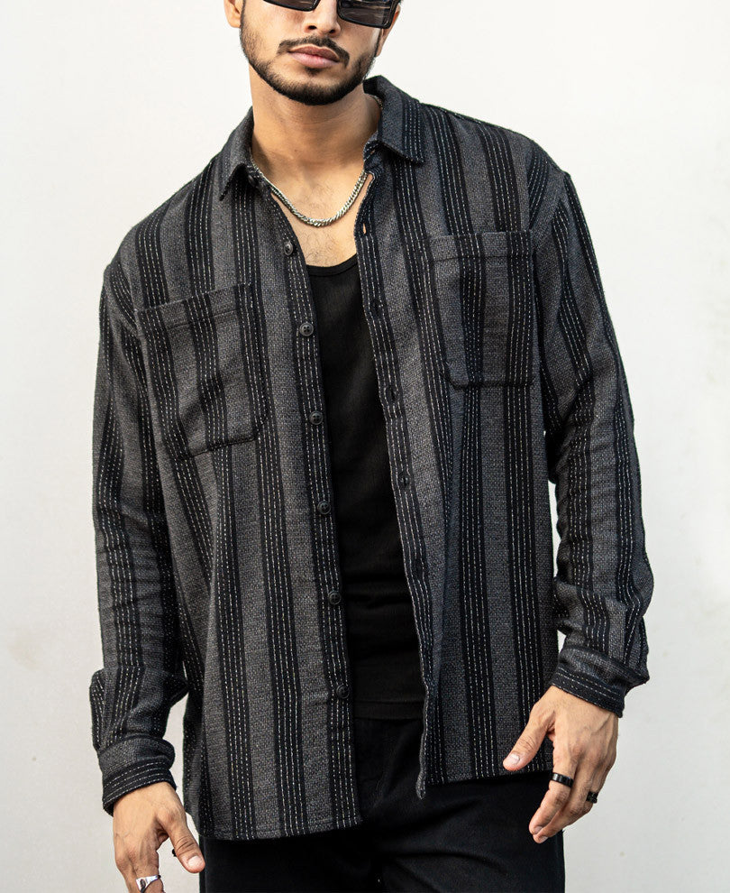 Charcoal Black Striped Structured Oversized Shirt