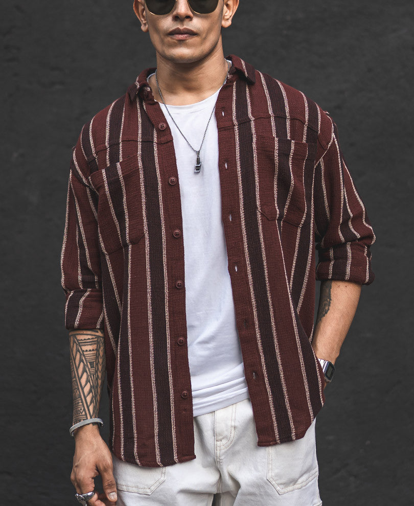 Brown and Maroon Structured Striped Oversized Shirt