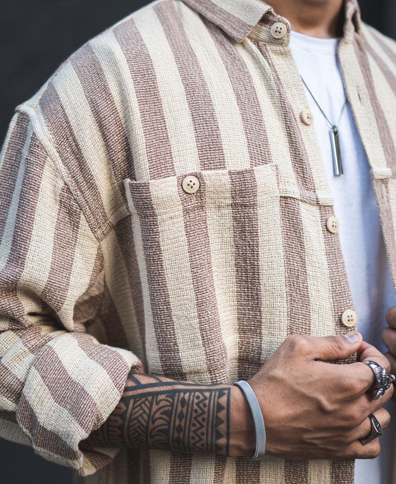 Cream Structured Striped Vertical Oversized Shirt
