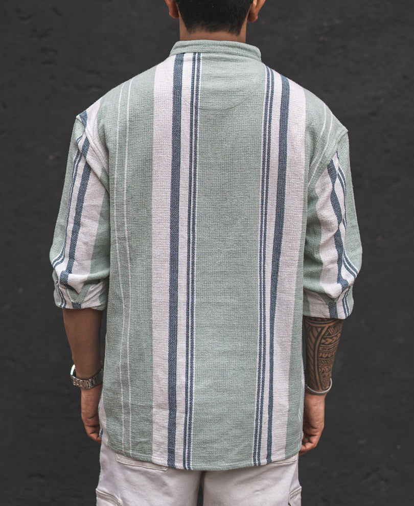 Pista Green Structured Striped Kurta Style Oversized Shirt