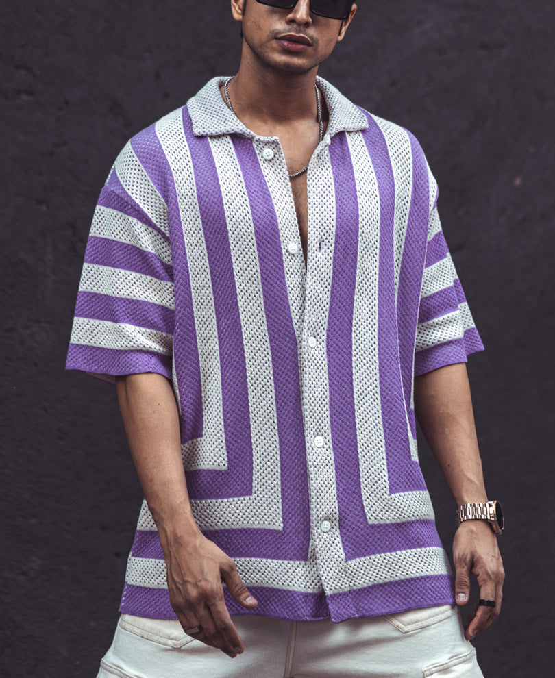 White and Lavender Crochet Knit Striped Oversized Shirt
