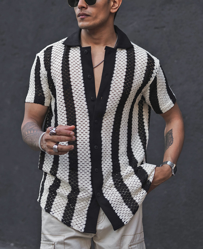 Black and White Crochet Knit Striped Shirt