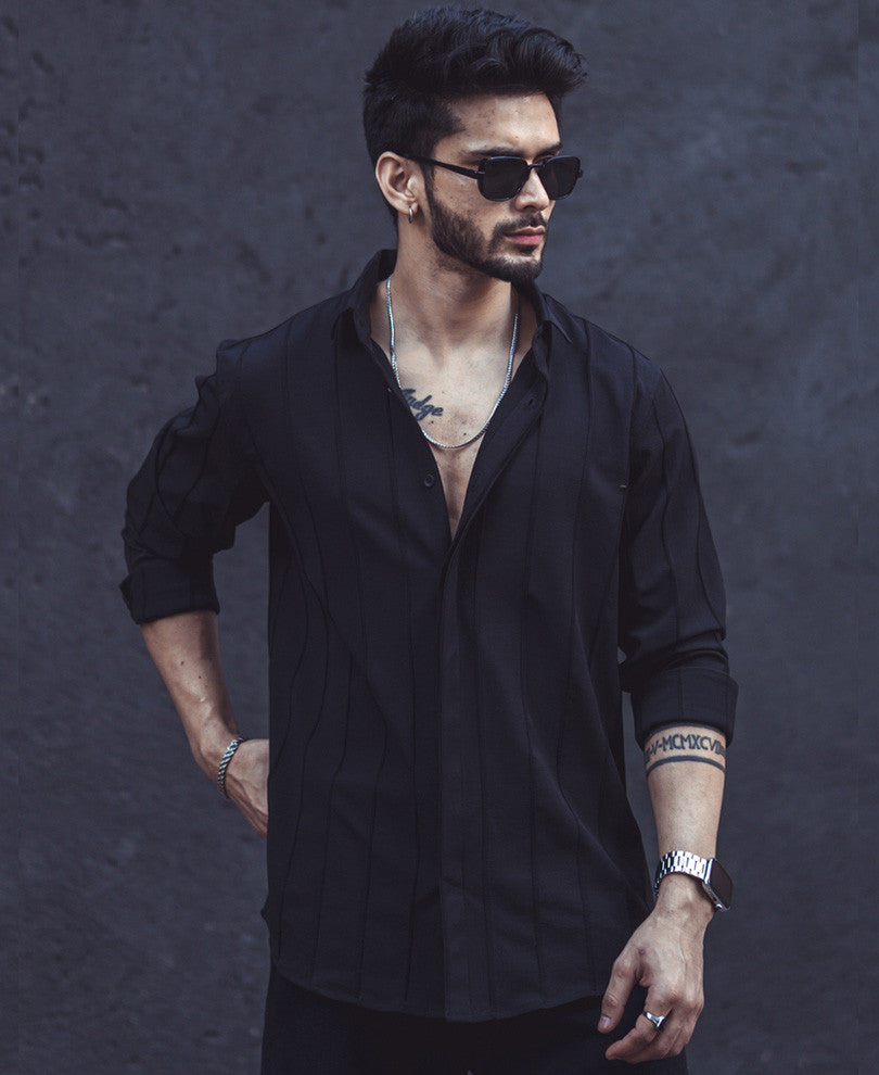 Black Dobby Striped Full Sleeves Shirt
