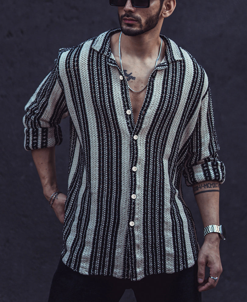 Black and White Crochet Knit Striped Full Sleeves Shirt