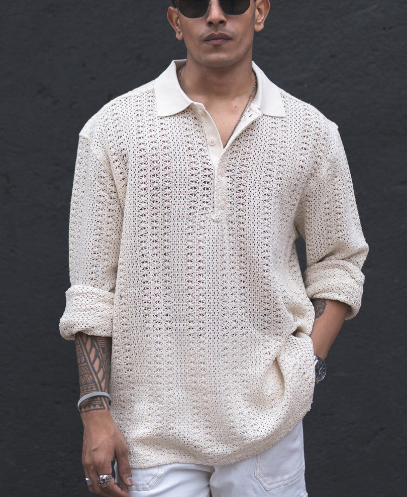 Light Cream Crochet Knit Oversized Kurta Style Shirt