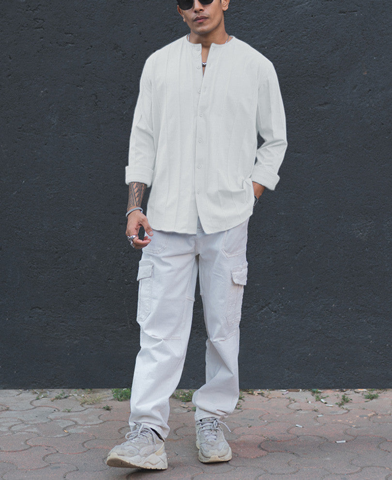 White Structured Striped Full Sleeves Shirt
