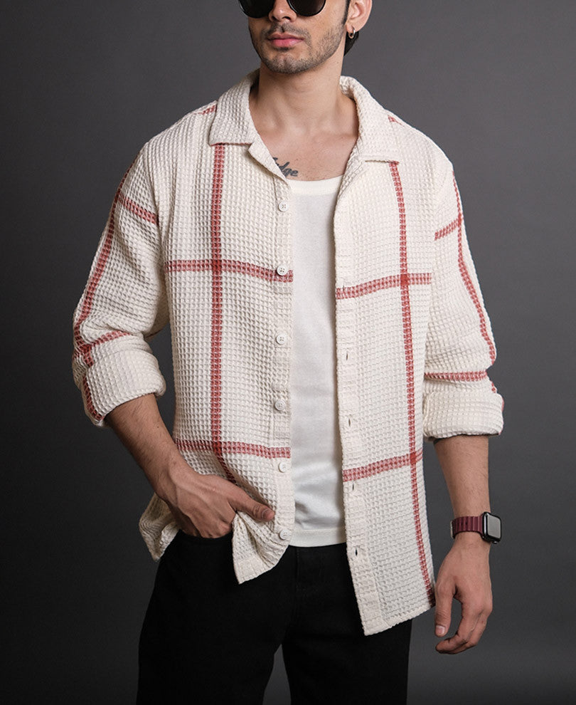 Off White Structured Checks Full Sleeves Shirt